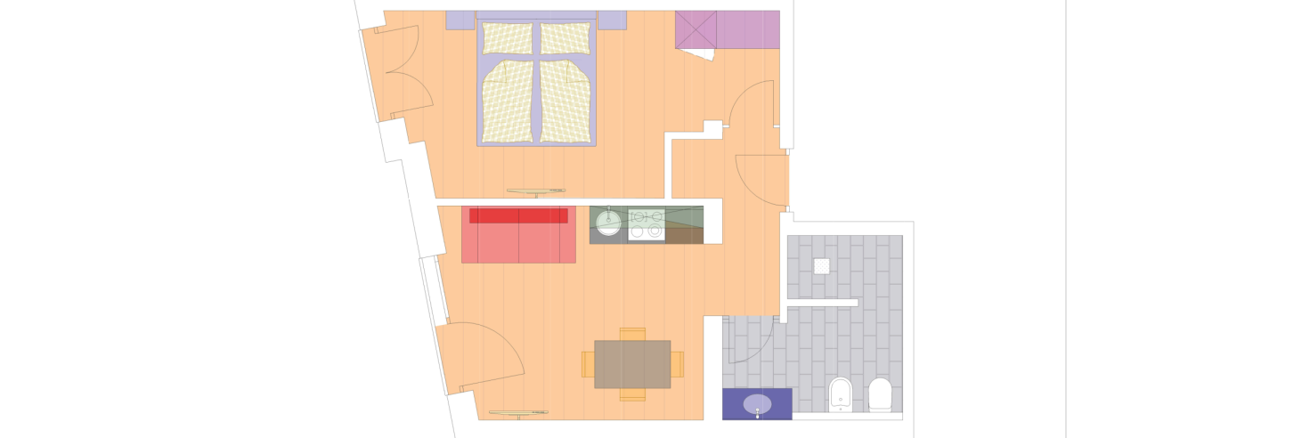 Grundriss Apartment Plima Grundriss des Apartments Plima im Boutique Hotel Sole mit Schlafzimmer, Wohnbereich, Küche, Essbereich und modernem Badezimmer.