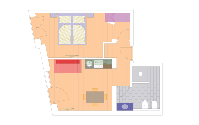 Grundriss Apartment Plima Grundriss des Apartments Plima im Boutique Hotel Sole mit Schlafzimmer, Wohnbereich, Küche, Essbereich und modernem Badezimmer.