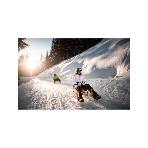 Rodeln auf der längsten Rodelpiste der Alpen, am Rosskopf in Südtirol bei Sonnenschein. Winterspaß mit perfekt präparierter Rodelstrecke.