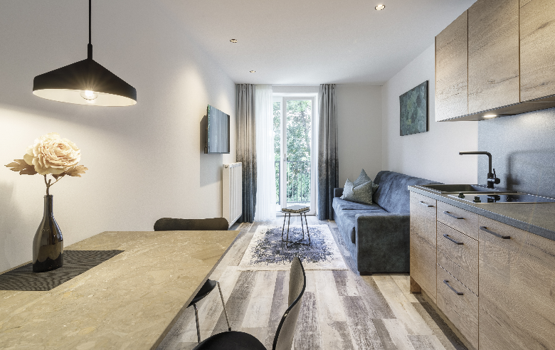 Apartment Dolomit mit Balkon Modernes Apartment im Boutique Hotel Sole mit offener Wohnküche, gemütlichem Sofa, Esstisch und Balkonzugang. Hell, mit stilvoller Beleuchtung.