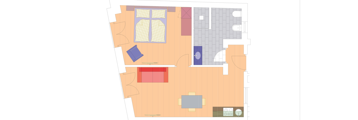 Grundriss Apartment Gneis Grundriss des Apartments Gneis im Boutique Hotel Sole mit großzügigem Wohnbereich, Schlafzimmer, Küche, Essbereich, stilvollem Bad und Balkonzugang.