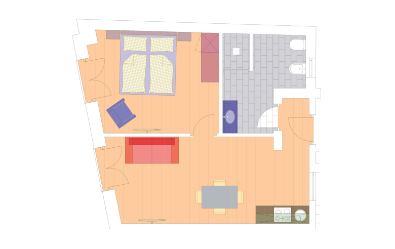 Grundriss Apartment Gneis Grundriss des Apartments Gneis im Boutique Hotel Sole mit großzügigem Wohnbereich, Schlafzimmer, Küche, Essbereich, stilvollem Bad und Balkonzugang.