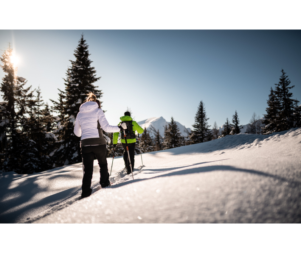 Skitour in Sterzing Zwie Personen machen eine Skitour in einer verschneiten Berglandschaft um Sterzing, Ratschings und Ritnaun in Südtirol. Verschneite Bäume, wolkenloster Himmel.