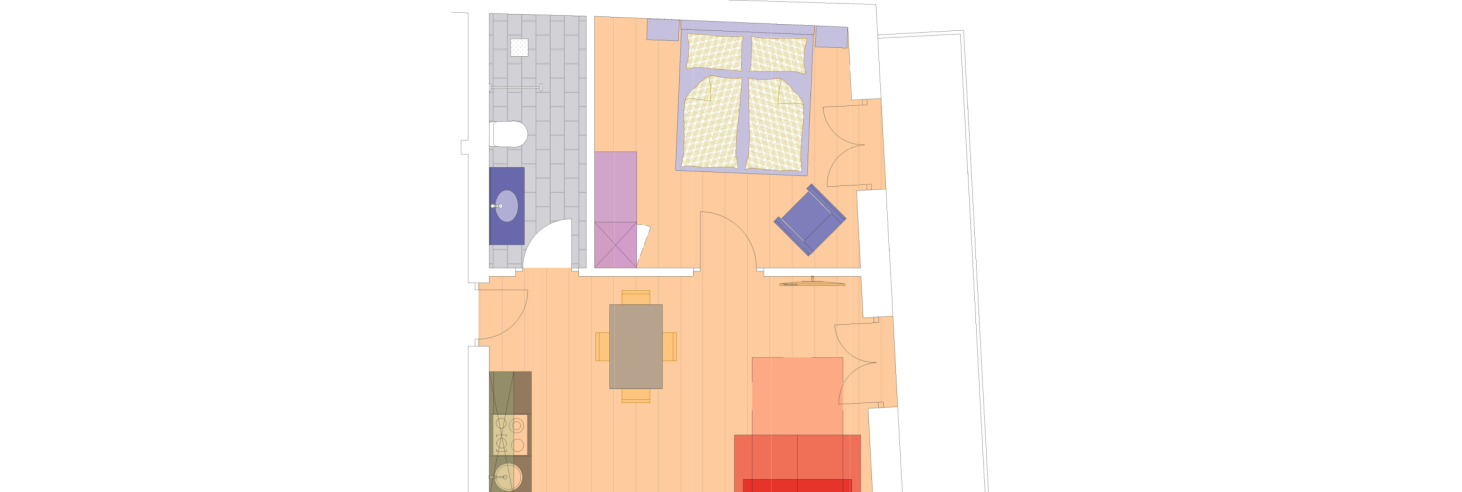 Grundriss Wohnung Porphyr Grundriss eines Apartments im Boutique Hotel Sole mit Wohnbereich, Küche, Esstisch, Schlafzimmer mit Doppelbett, Bad mit Dusche und separatem WC.