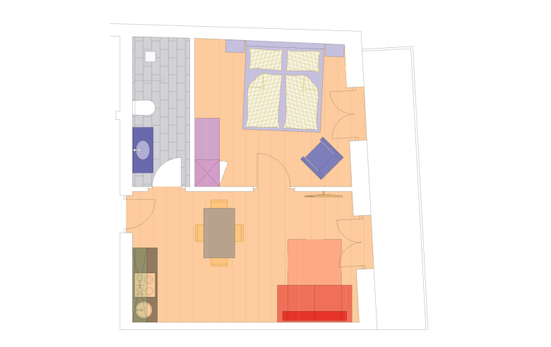 Grundriss Wohnung Porphyr Grundriss eines Apartments im Boutique Hotel Sole mit Wohnbereich, Küche, Esstisch, Schlafzimmer mit Doppelbett, Bad mit Dusche und separatem WC.