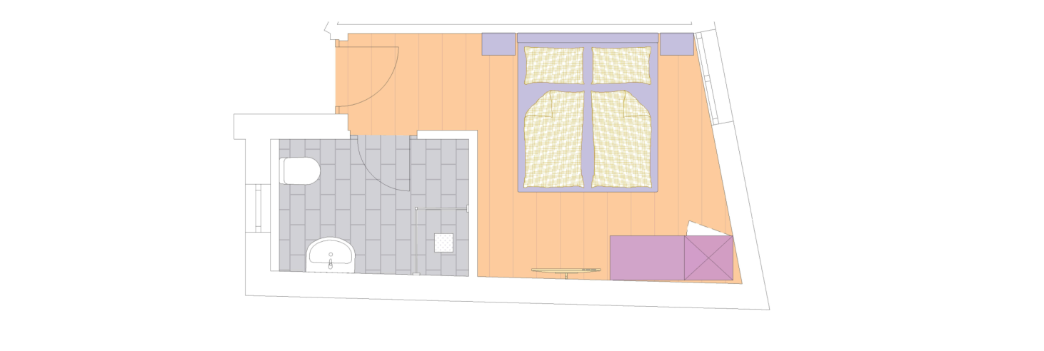 Grundriss Zimmer im Hotel Sole Grundriss eines Schlafzimmers mit Badezimmer im Boutique Hotel Sole in Sterzing. Das Bild Zeigt ein Bad mit WC, Dusche, Waschbecken und ein Schlafzimmer mit Schrank, Bett und TV