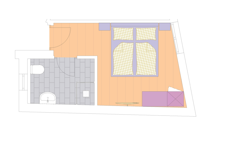 Grundriss Zimmer im Hotel Sole Grundriss eines Schlafzimmers mit Badezimmer im Boutique Hotel Sole in Sterzing. Das Bild Zeigt ein Bad mit WC, Dusche, Waschbecken und ein Schlafzimmer mit Schrank, Bett und TV