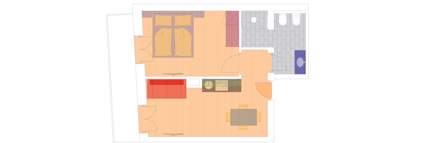 Grundriss Apartment Dolomit Grundriss des Apartment Dolomit im Boutique Hotel Sole. Schlafzimmer mit Doppelbett, ein Wohnzimmer mit Küche und Essbereich, ein Badezimmer sowie einen Balkon.