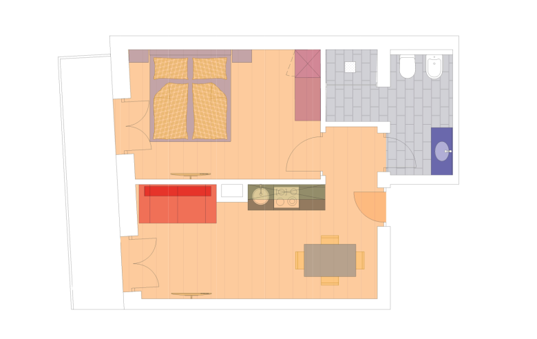 Grundriss Apartment Dolomit Grundriss des Apartment Dolomit im Boutique Hotel Sole. Schlafzimmer mit Doppelbett, ein Wohnzimmer mit Küche und Essbereich, ein Badezimmer sowie einen Balkon.